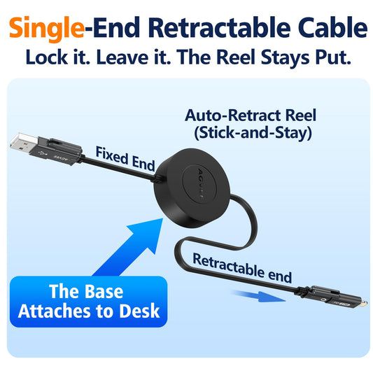 AGVEE 0.3ft Fixed / 2.3ft Extend One-End Retractable Multi Charging Cable