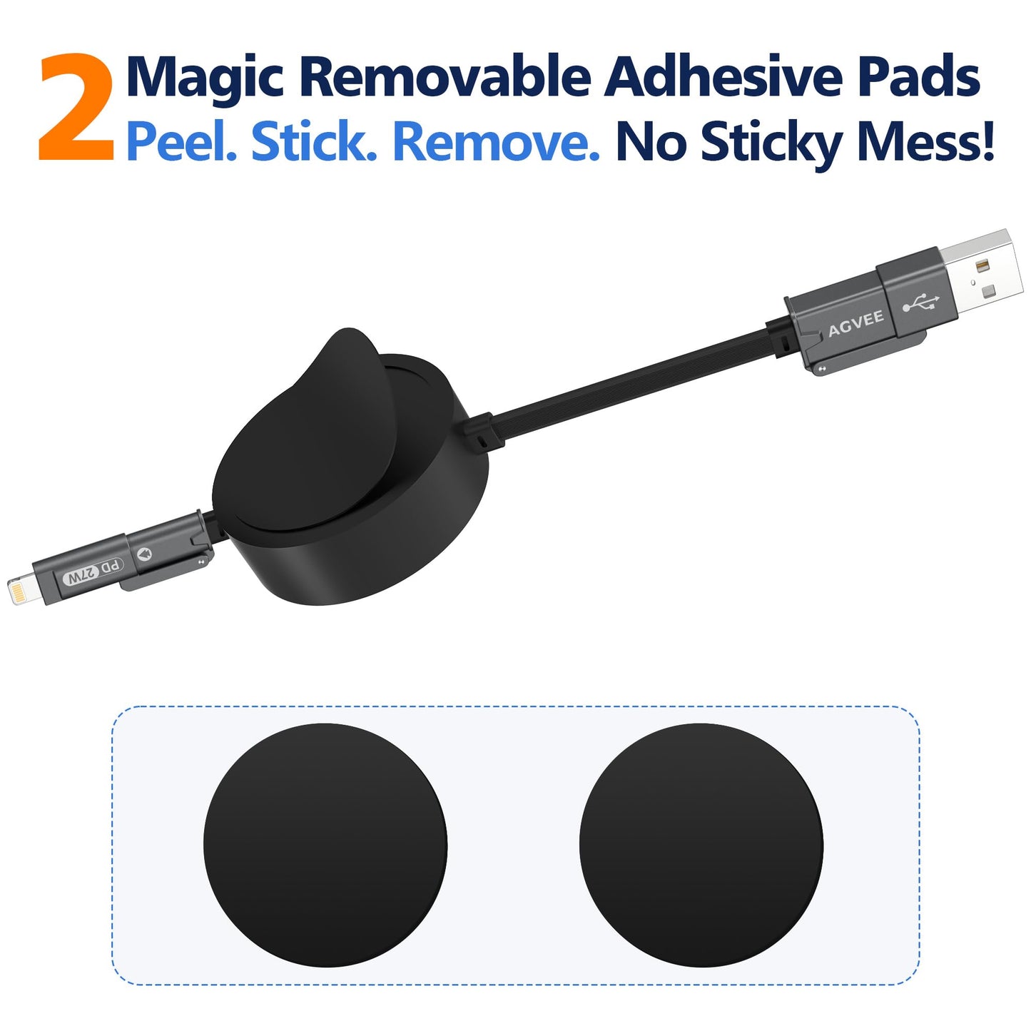 AGVEE 0.3ft Fixed / 2.3ft Extend One-End Retractable Multi Charging Cable