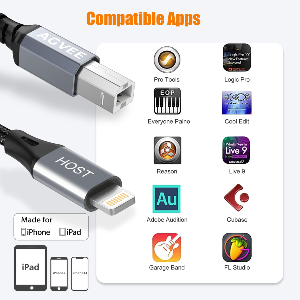 AGVEE 5ft Lightning MIDI Cable, 8 Pin to USB-B Cord