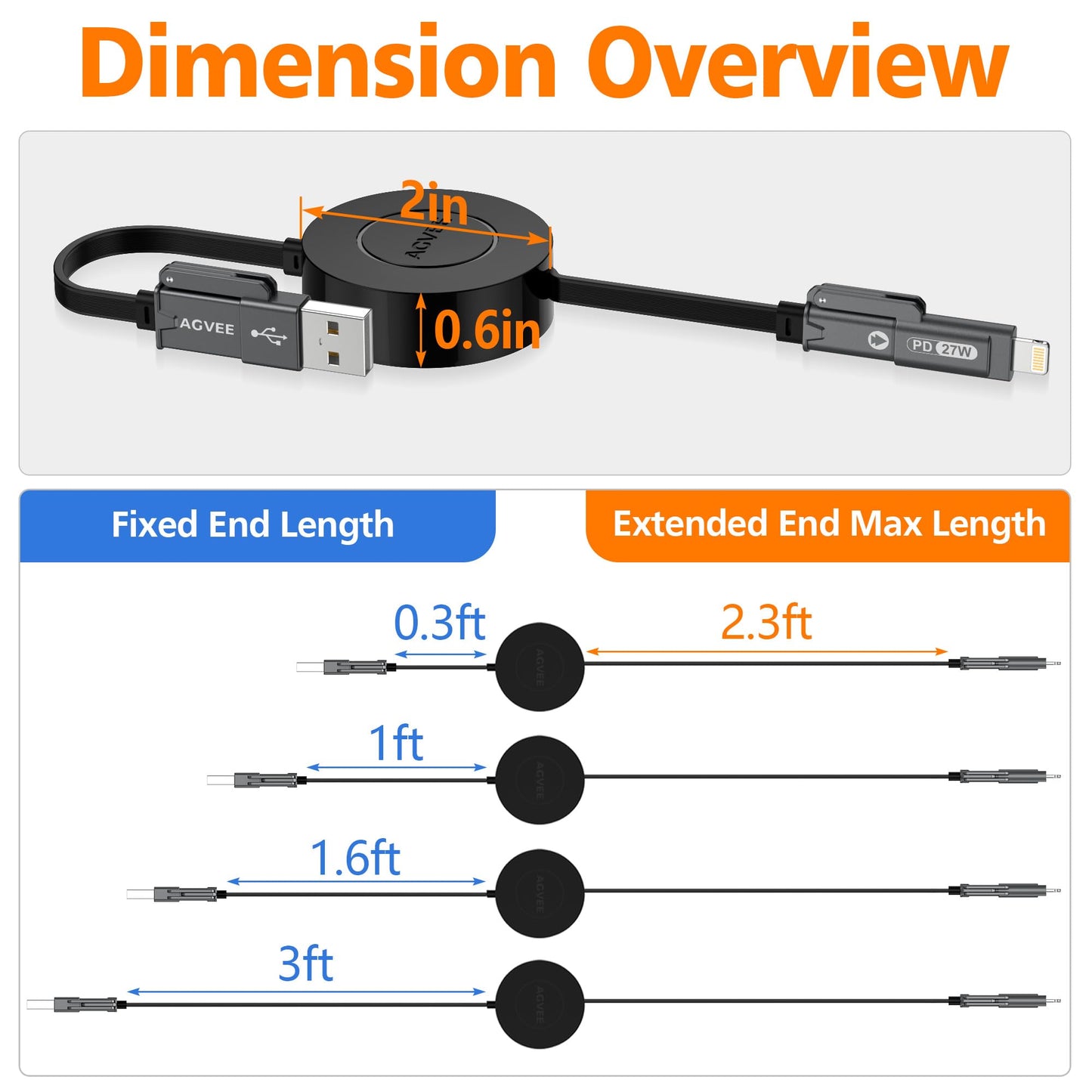 AGVEE 0.3ft Fixed / 2.3ft Extend One-End Retractable Multi Charging Cable