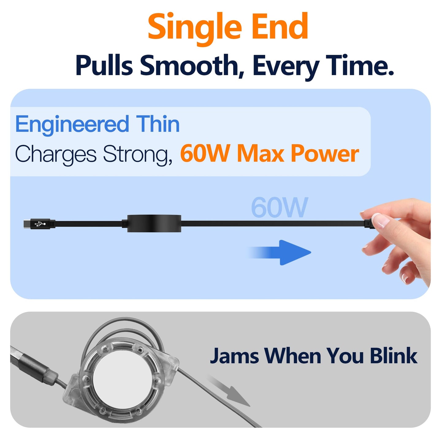 AGVEE 1ft Fixed / 2.3ft Extend Single-End Retractable USB C to C Cable