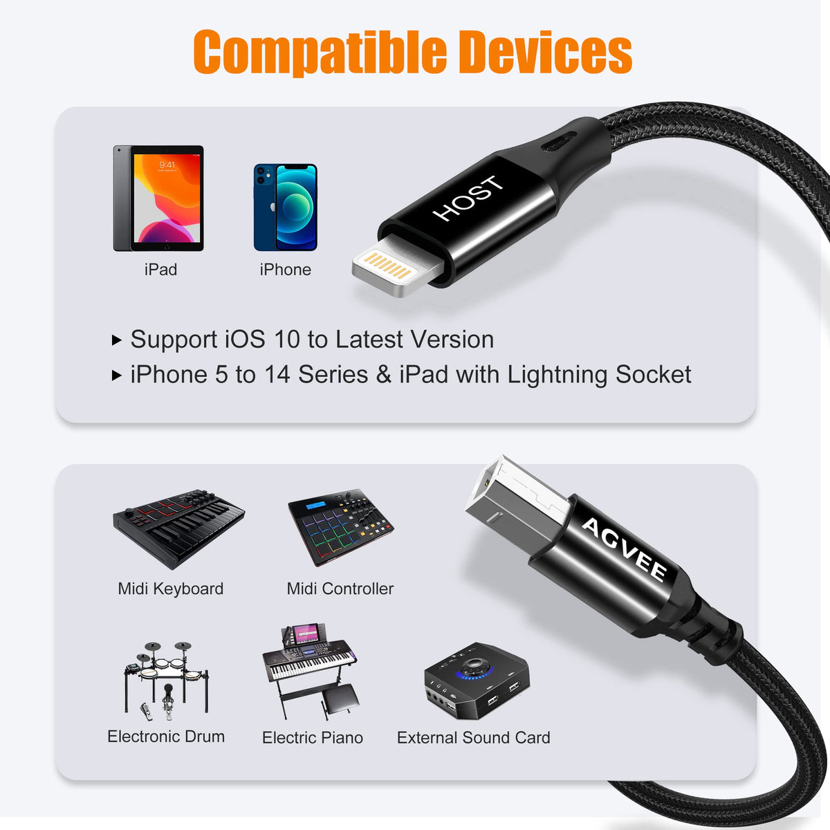 AGVEE 5ft Lightning MIDI Cable, 8 Pin to USB-B Cord