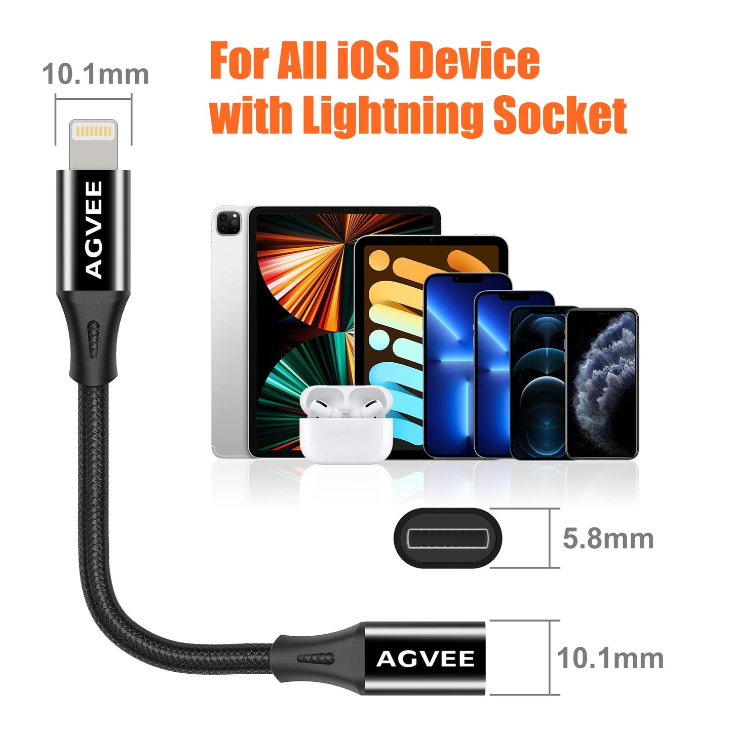 AGVEE 2 Pack 4 inch Lightning Extension Cable