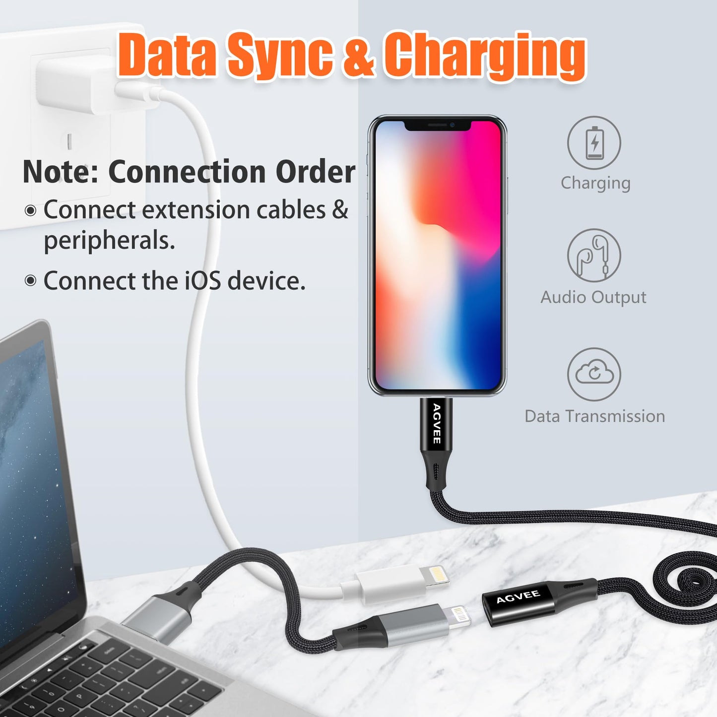 AGVEE 4 inch Lightning Extension Cable