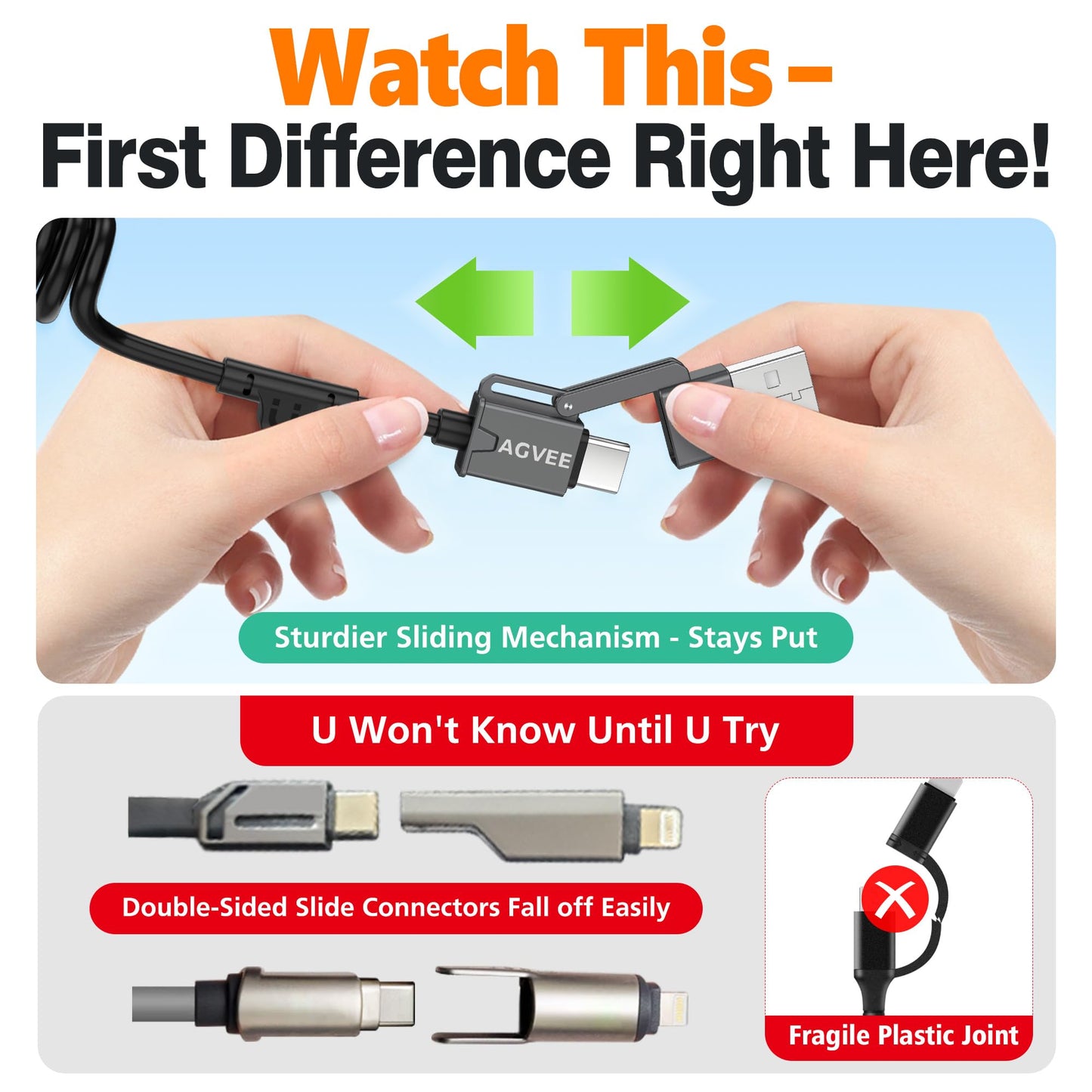 AGVEE 3ft 5-in-1 Coiled Multi Charging Charger Data Transfer Cable
