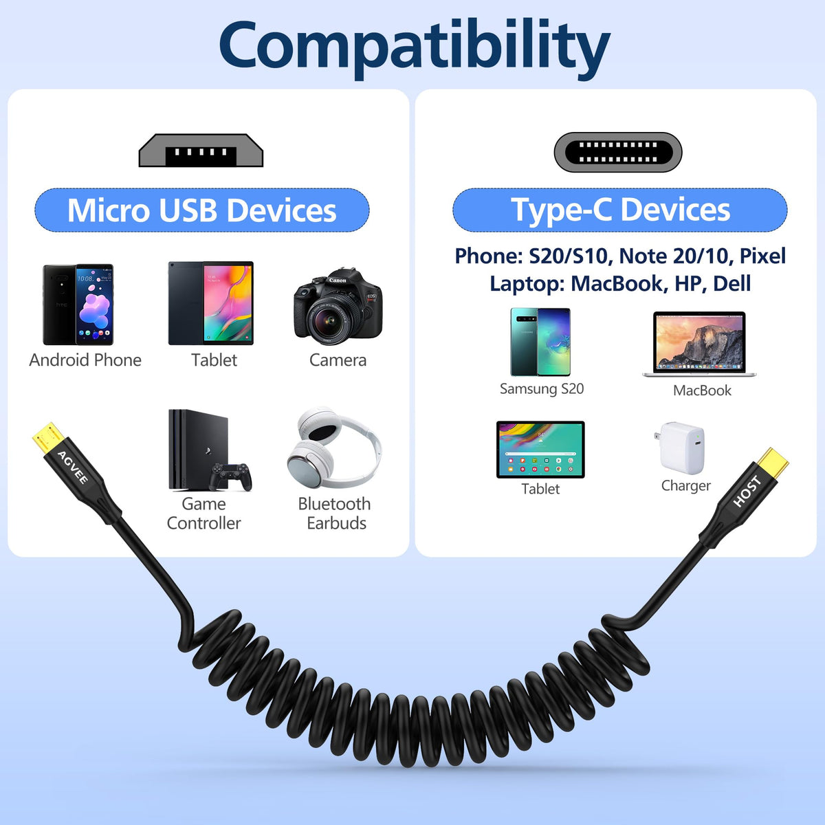 AGVEE 1.6ft Coiled USB-C to Micro USB Cable, [USB-IF Certified]