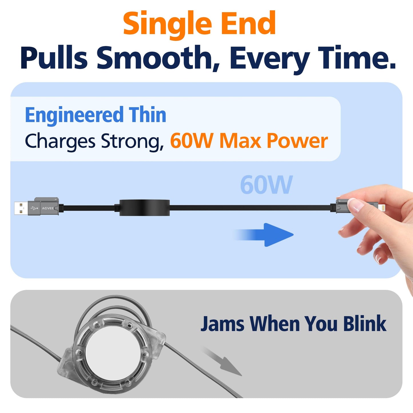 AGVEE 0.3ft Fixed / 2.3ft Extend One-End Retractable Multi Charging Cable