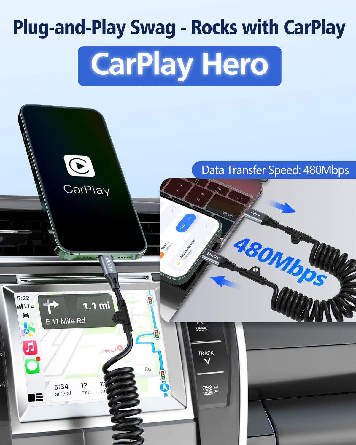 AGVEE 3ft Coiled USB-C to Lightning Cable [MFI Certified] Carplay