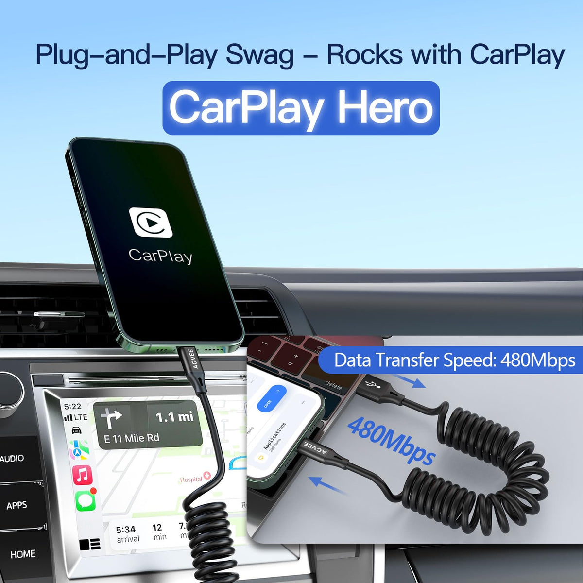 AGVEE 2 Pack 1.5ft Coiled USB-A to USB-C Cable [USB-IF Certified] Carplay