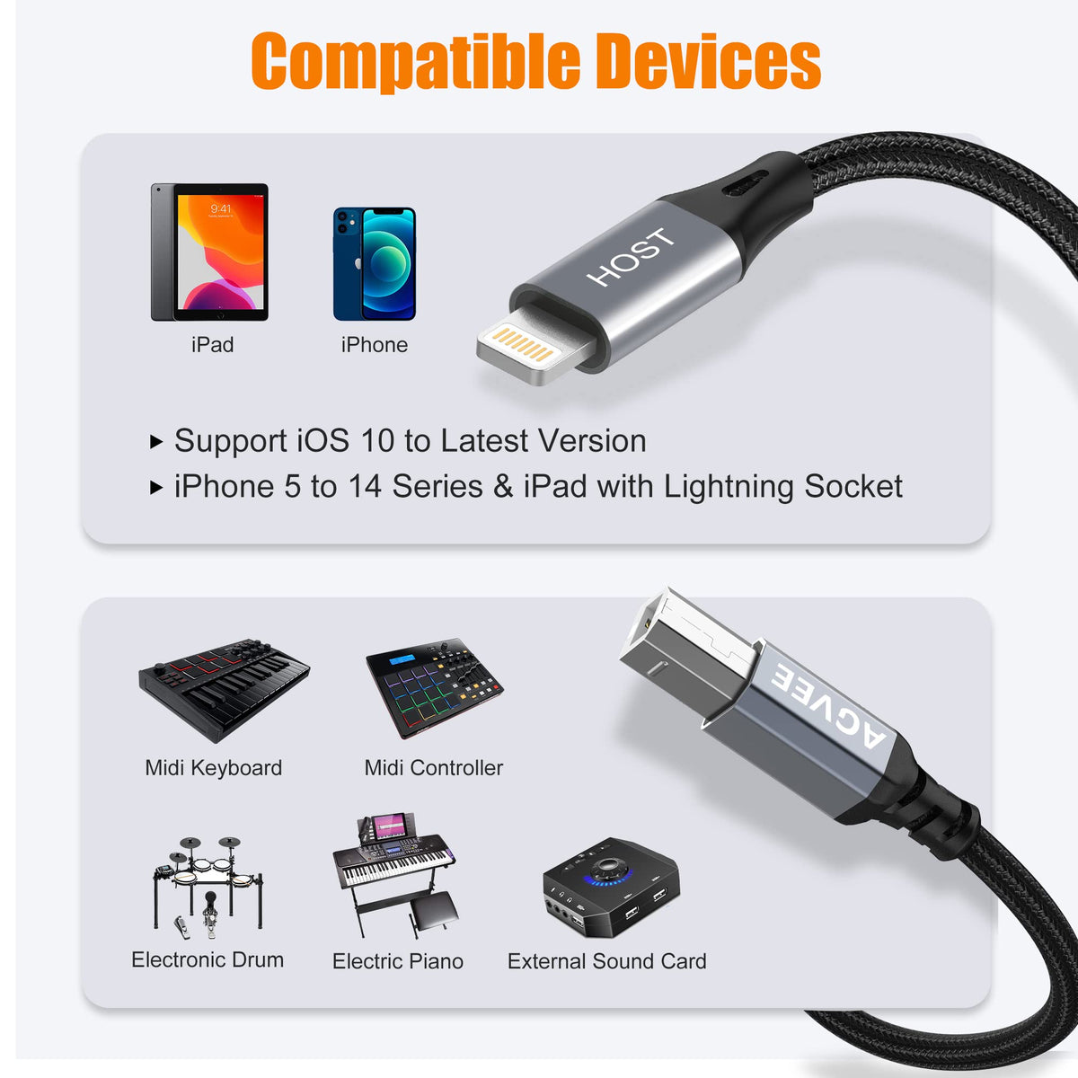 AGVEE 5ft Lightning MIDI Cable, 8 Pin to USB-B Cord