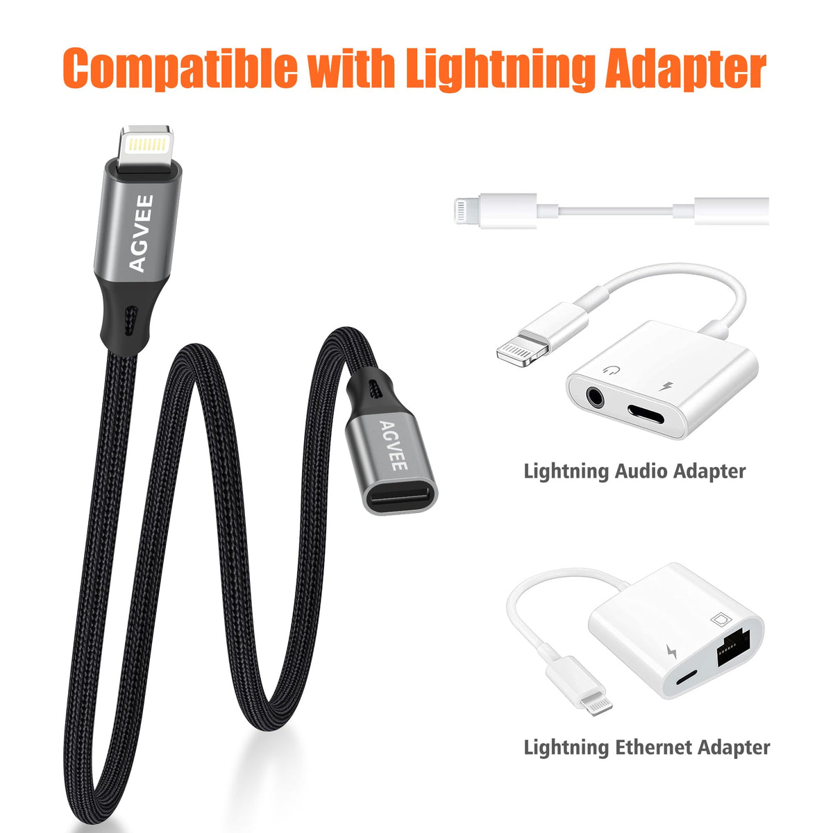 AGVEE 2 Pack 4 inch Lightning Extension Cable