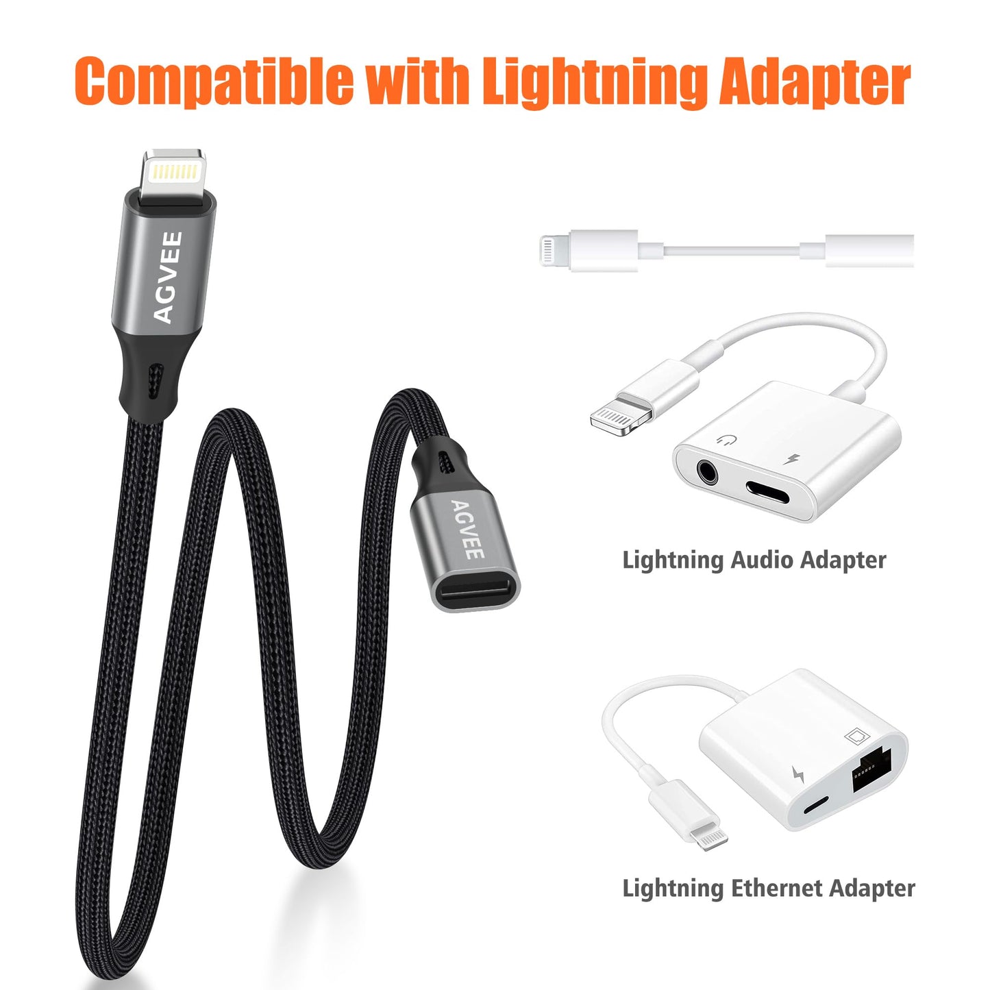 AGVEE 2 Pack 1ft Lightning Extension Cable
