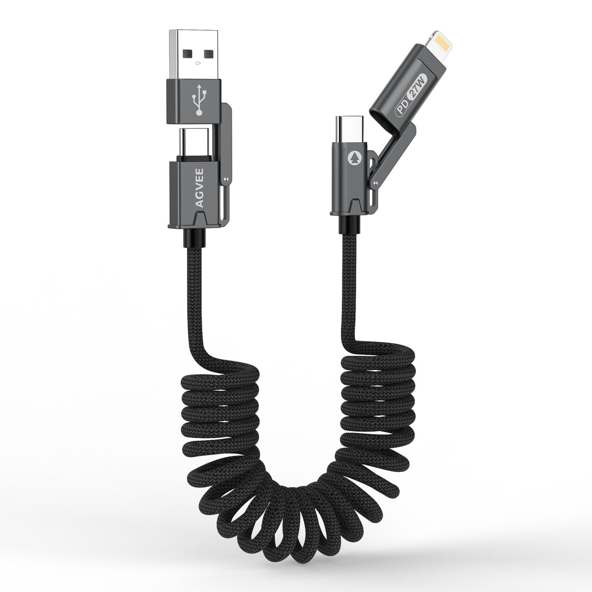 AGVEE 3ft 4-in-1 Coiled Multi Charging Charger Data Transfer Cable