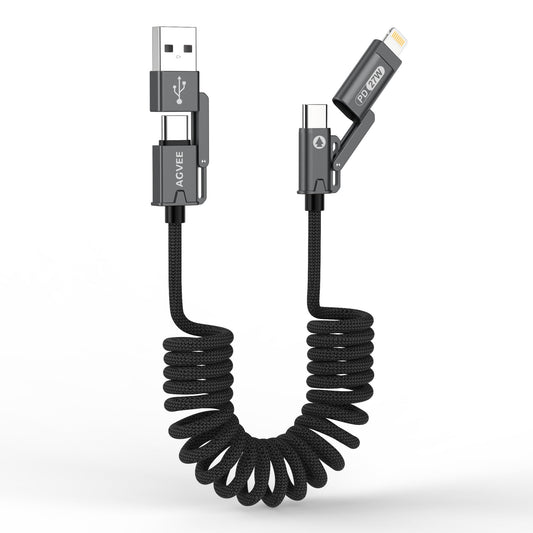 AGVEE 3ft 4-in-1 Coiled Multi Charging Charger Data Transfer Cable