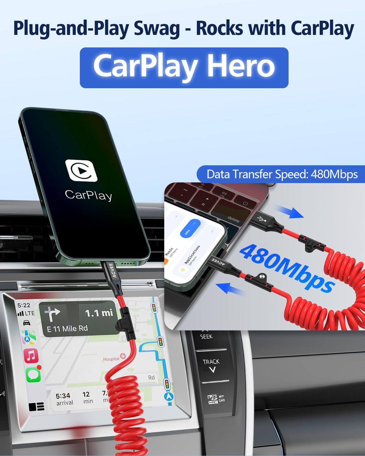 AGVEE 2 Pack 5ft Coiled USB-A to USB-C Cable [USB-IF Certified] Carplay