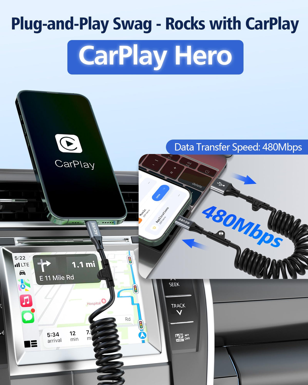 AGVEE 2 Pack 3ft Coiled USB-A to Lightning Cable [MFI Certified] Carplay