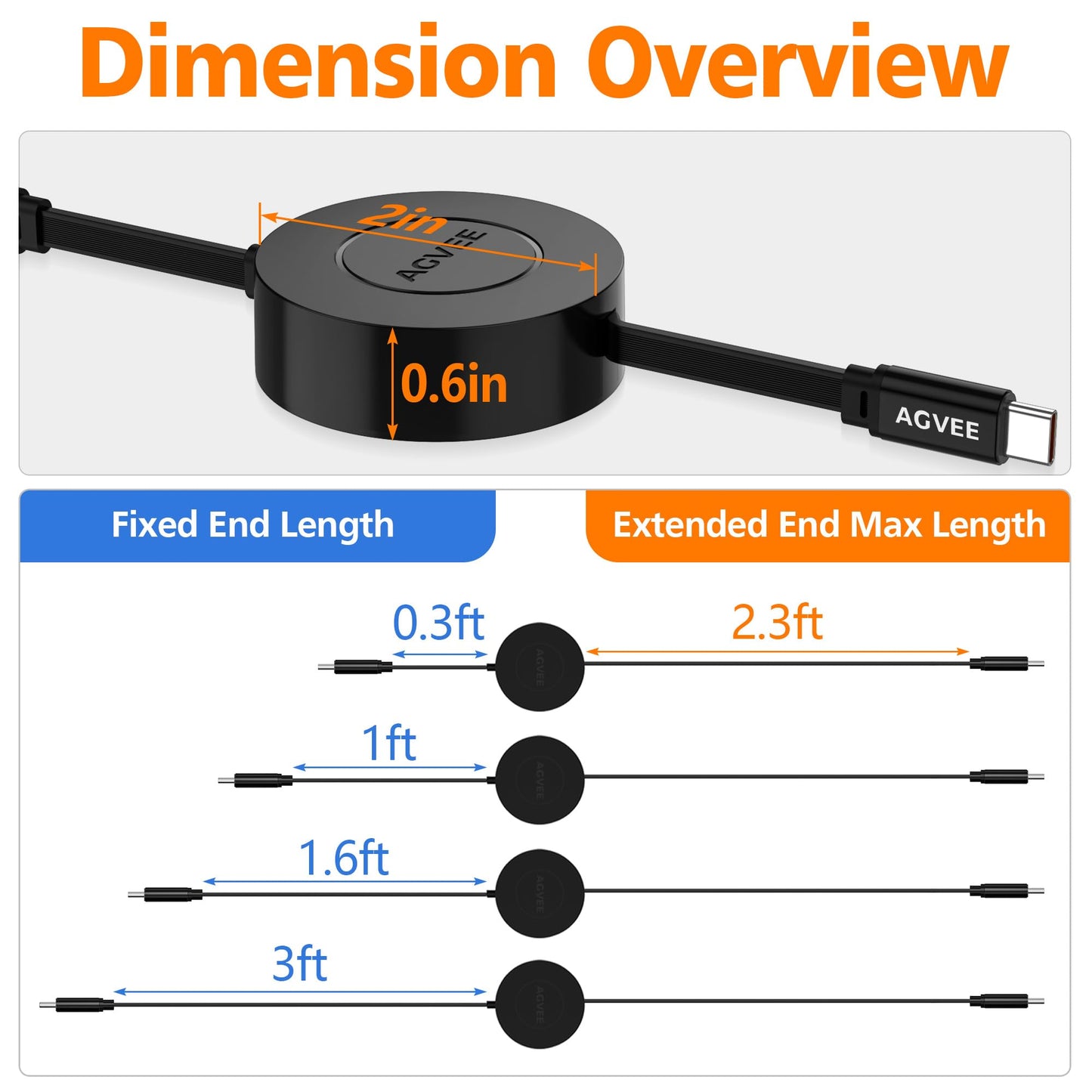 AGVEE 1ft Fixed / 2.3ft Extend Single-End Retractable USB C to C Cable