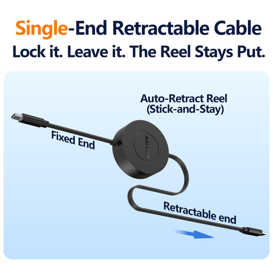 AGVEE 1ft Fixed / 2.3ft Extend Single-End Retractable USB C to C Cable