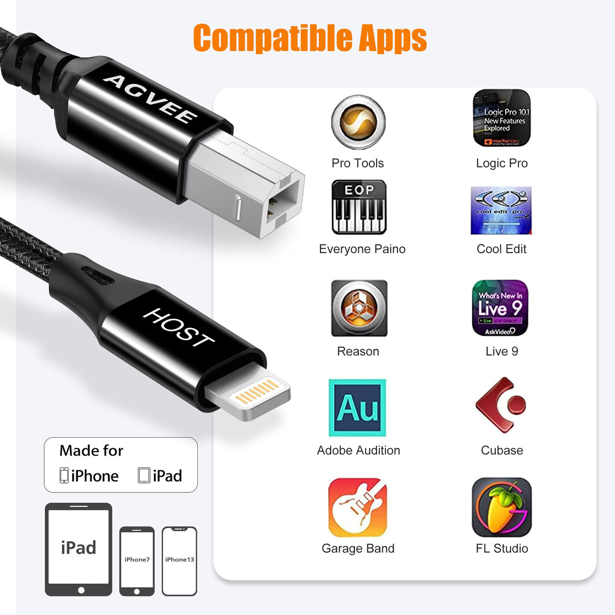 AGVEE 5ft Lightning MIDI Cable, 8 Pin to USB-B Cord