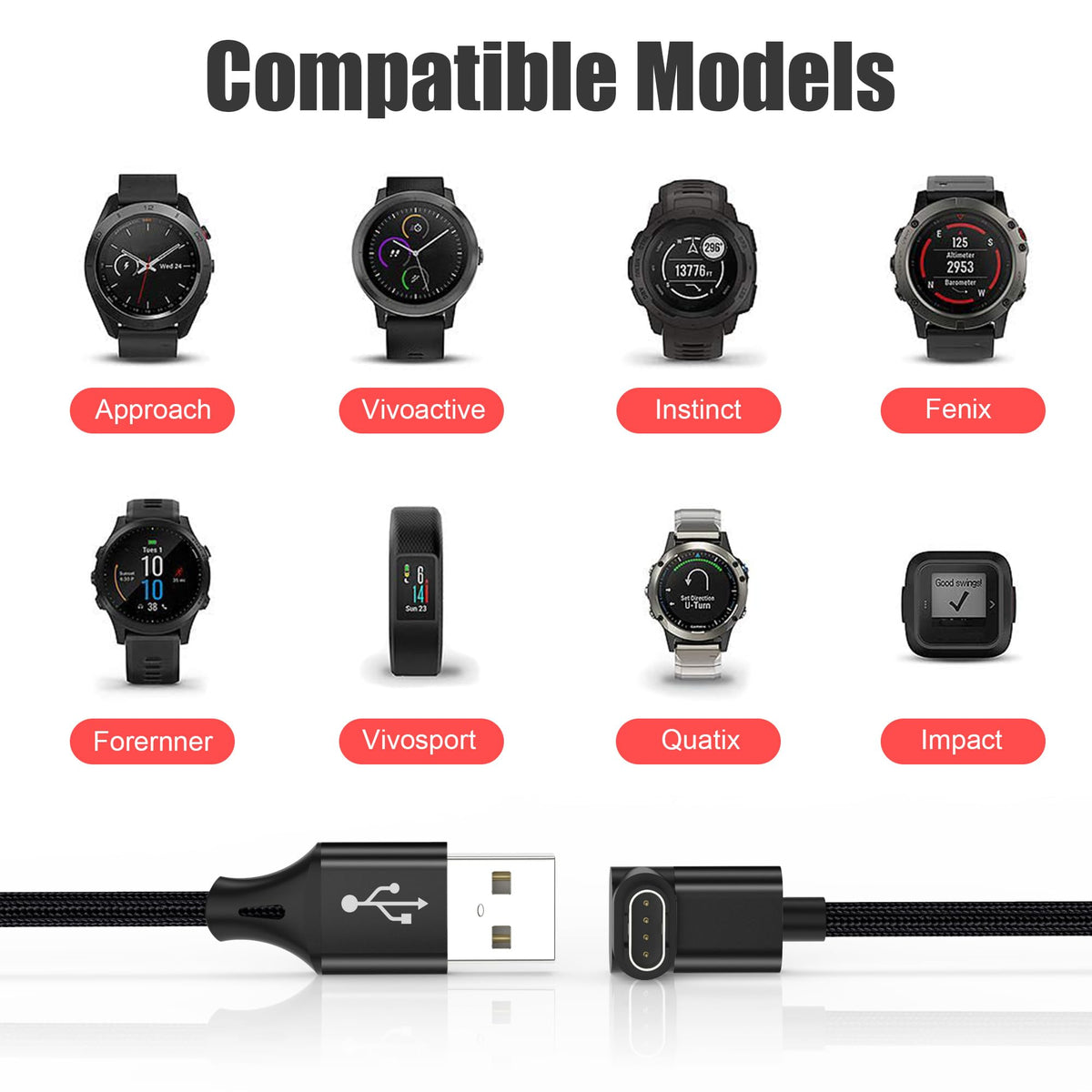 AGVEE 2 Pack 3.3ft Charger for Garmin Watch, L-Shape Charging Cable