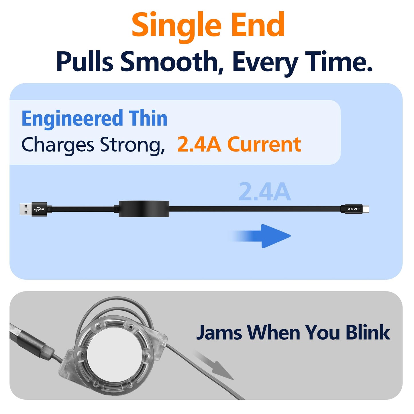 AGVEE 1.6ft Fixed / 2.3ft Extend Single-End Retractable USB C Cable