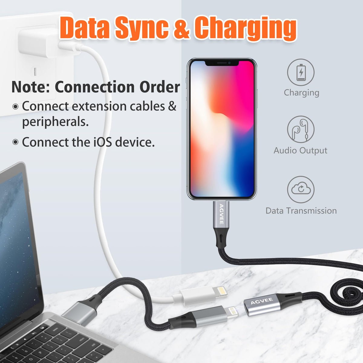 AGVEE 2 Pack 4 inch Lightning Extension Cable