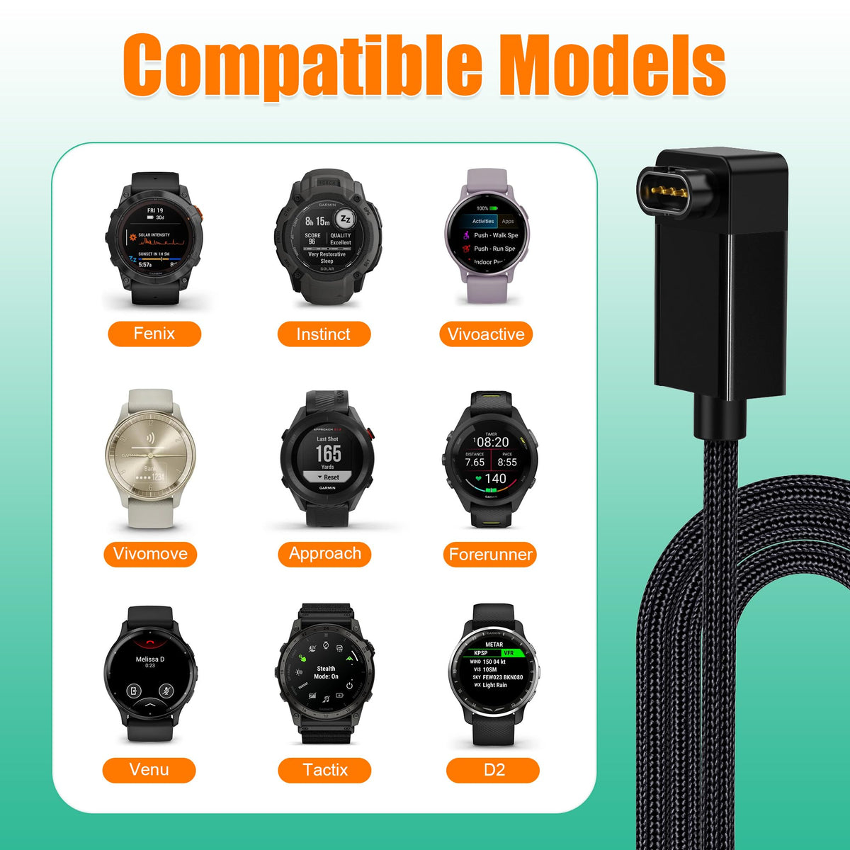 AGVEE 2 Pack 6.6ft Charger for Garmin Watch, L-Shape Nil Gap Charging Cable