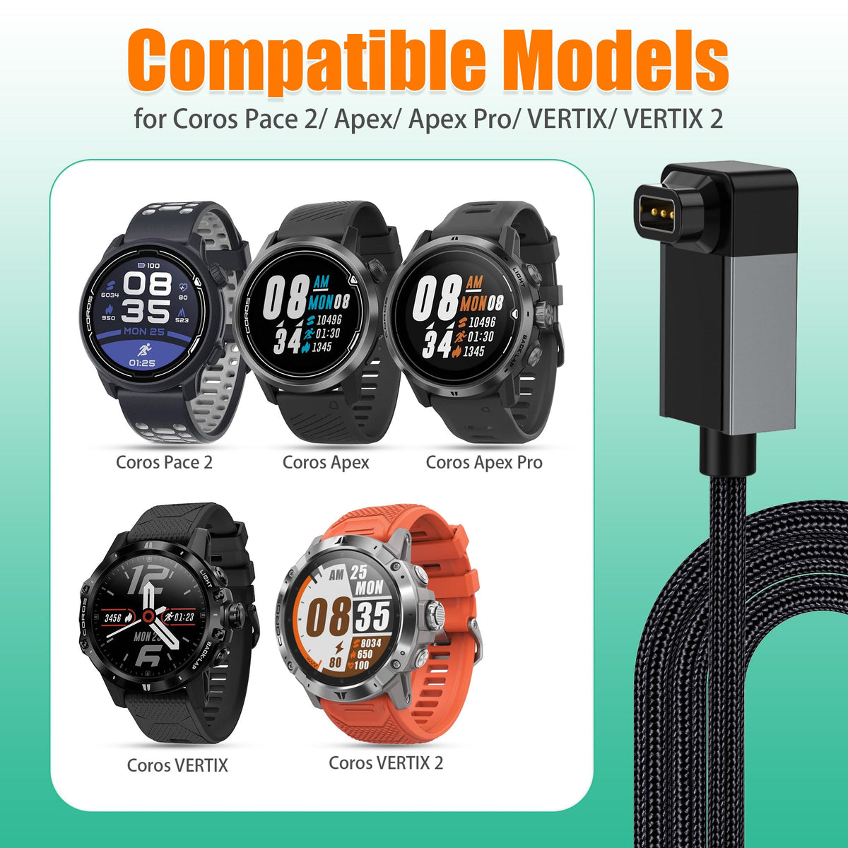 AGVEE 2 Pack 1.5ft Charger for Coros Smartwatch, L-Shape Right Angle