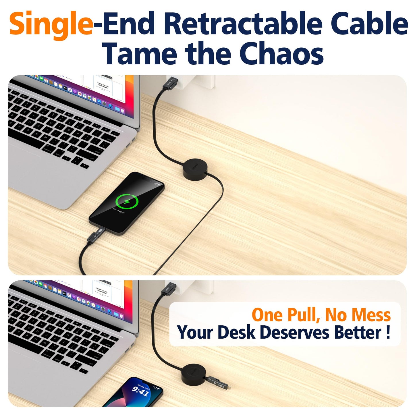 AGVEE 0.3ft Fixed / 2.3ft Extend One-End Retractable Multi Charging Cable