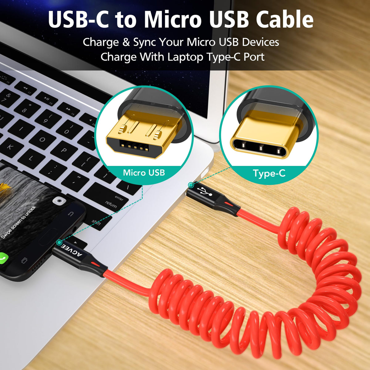 AGVEE 5ft Coiled USB-C to Micro USB Cable, [USB-IF Certified]