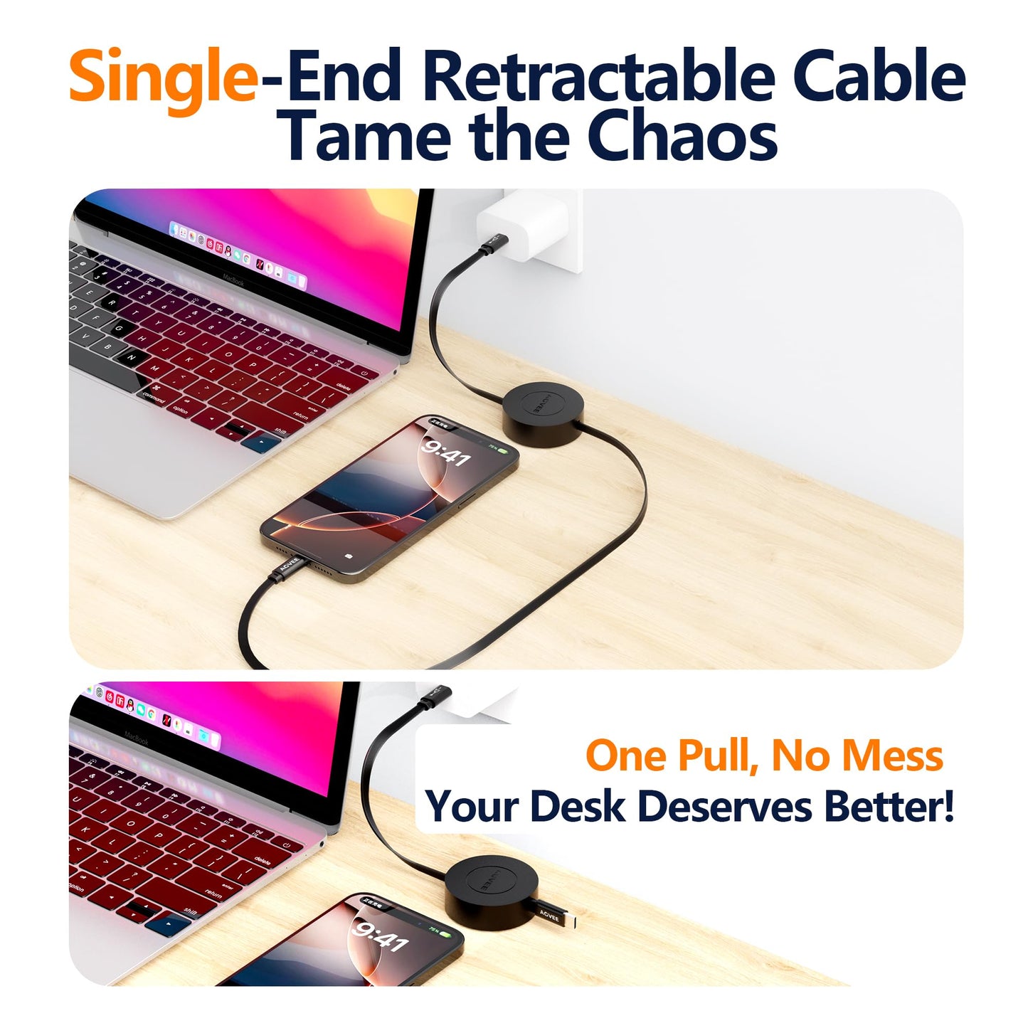 AGVEE 1ft Fixed / 2.3ft Extend Single-End Retractable USB C to C Cable