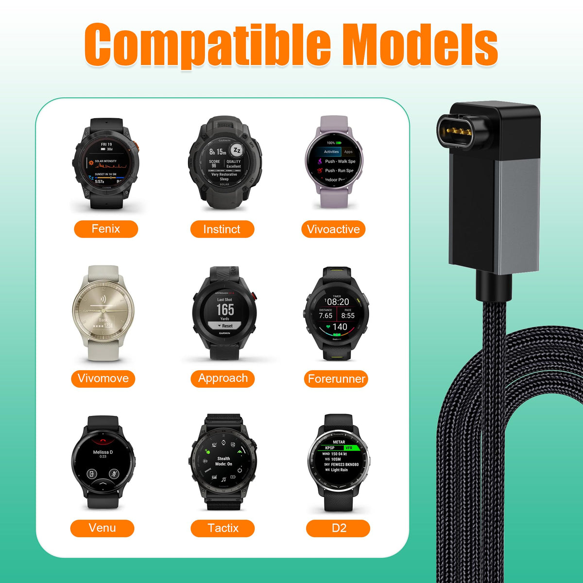 AGVEE 2 Pack 6.6ft Charger for Garmin Watch, L-Shape Nil Gap Charging Cable