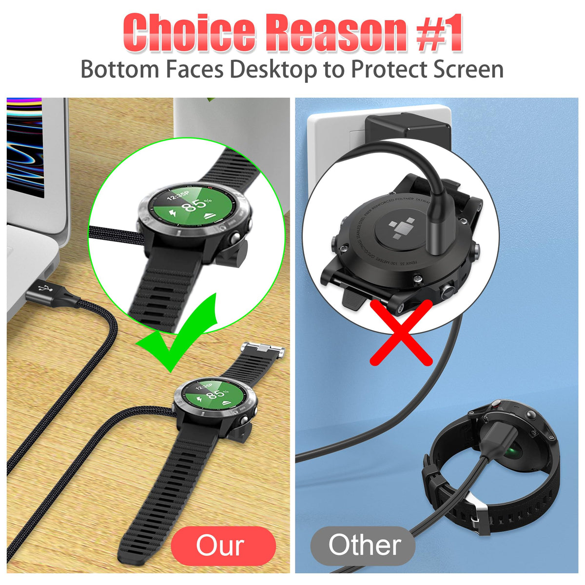AGVEE 2 Pack 3.3ft Charger for Garmin Watch, L-Shape Charging Cable