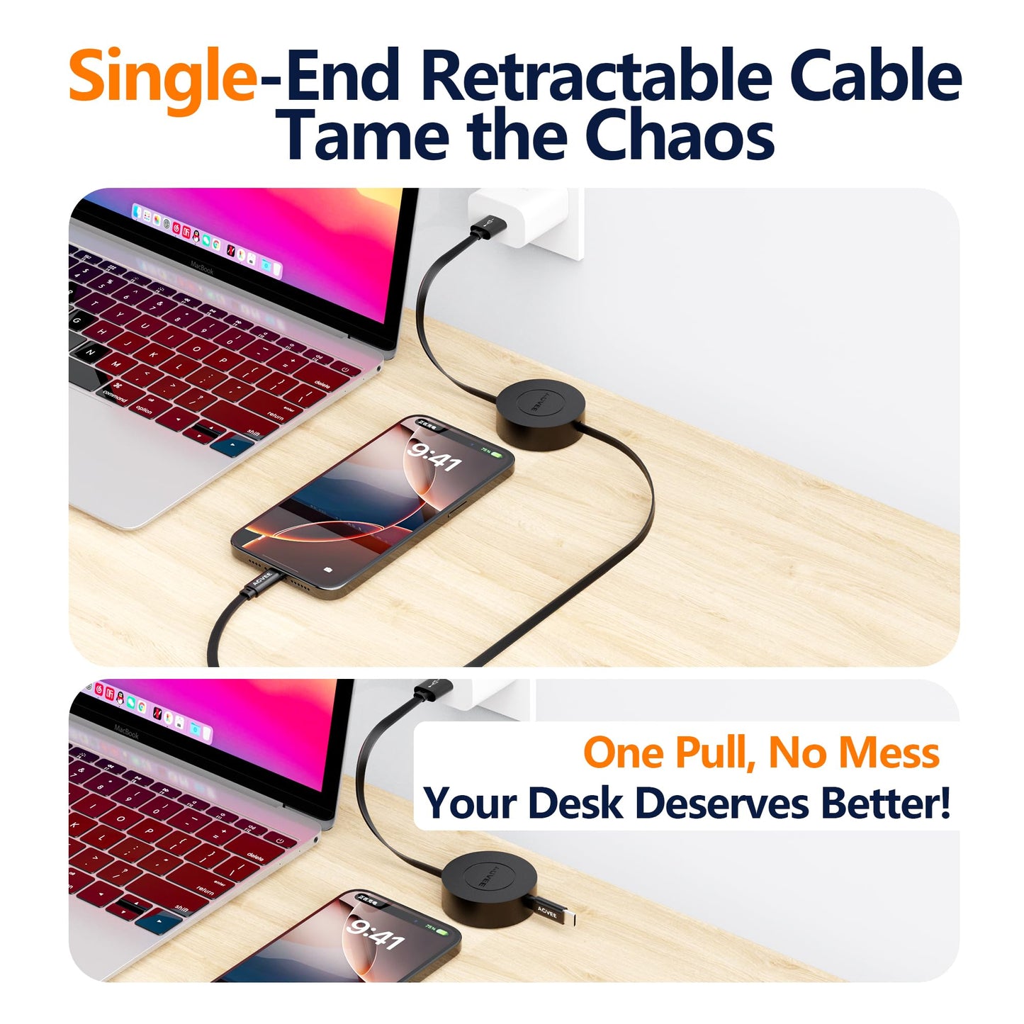 AGVEE 1.6ft Fixed / 2.3ft Extend Single-End Retractable USB C Cable