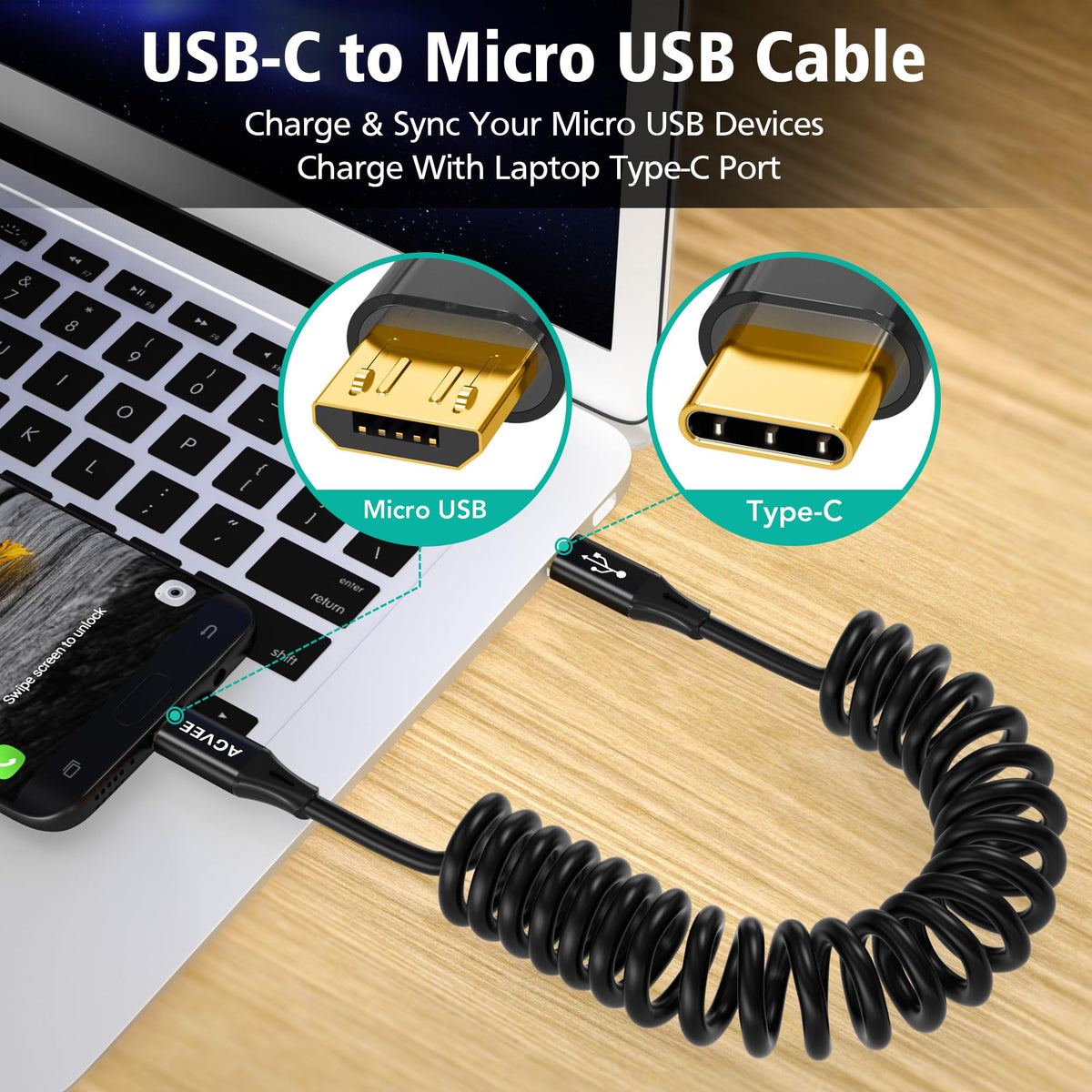 AGVEE 1.6ft Coiled USB-C to Micro USB Cable, [USB-IF Certified]