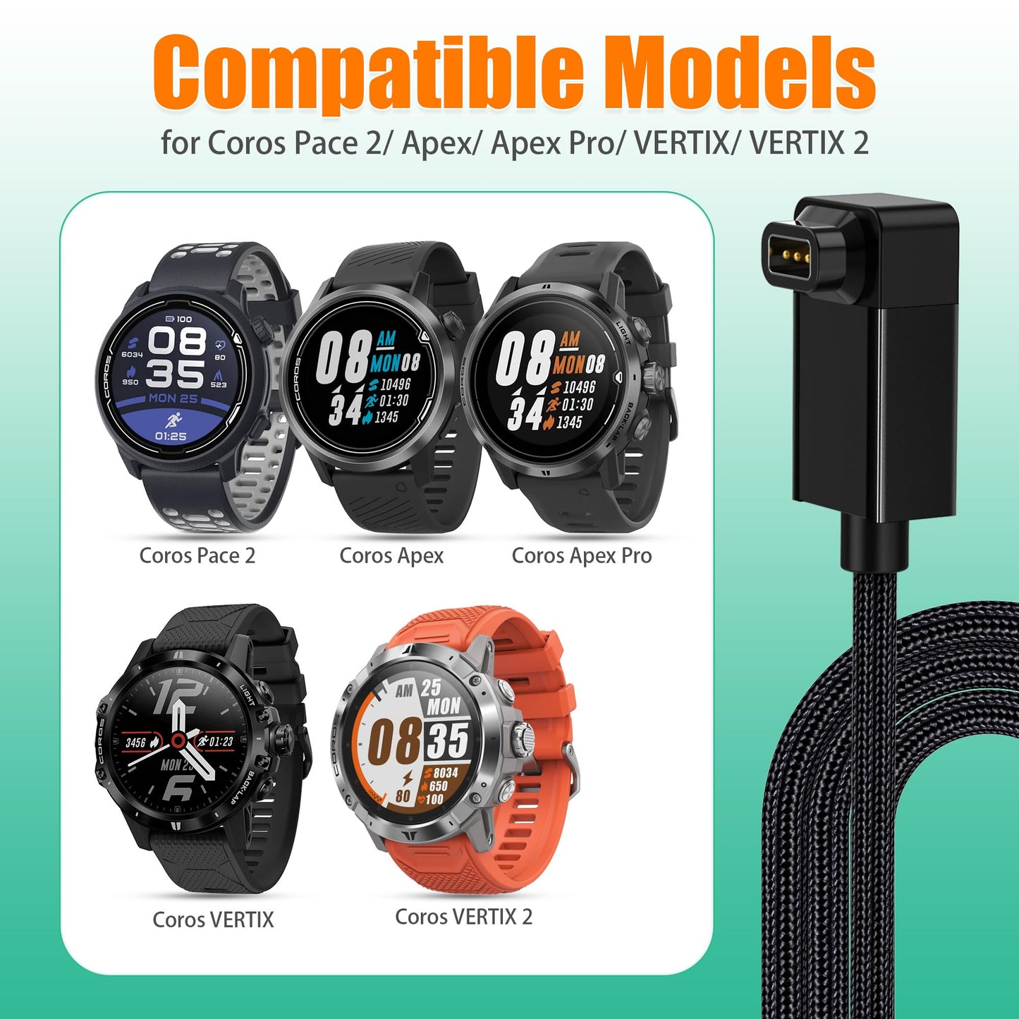 AGVEE 2 Pack 3.3ft Charger for Coros Smartwatch, L-Shape Right Angle